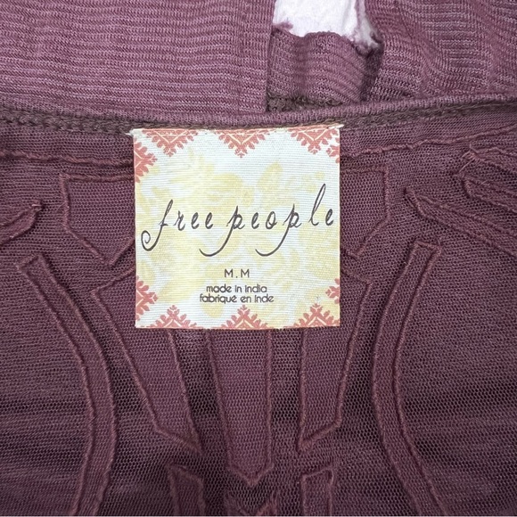 Free People The Gatsby Embroidered Mesh Wine Long Sleeve V-Neck Tee Tunic Top - Picture 11 of 14